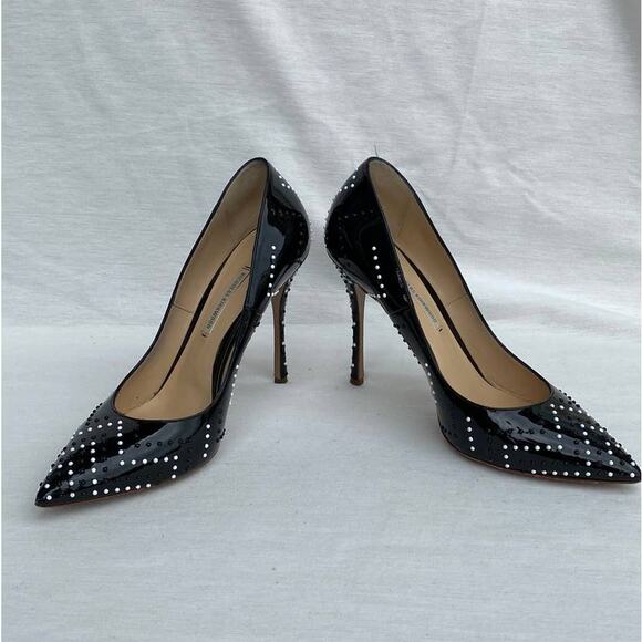 Nicholas Kirkwood Black Patent Leather Chevron Studded Pointed Toe Pump 37/US 7 - Picture 11 of 15